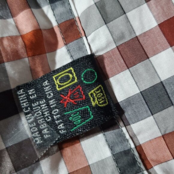 The Scarecrow, a red, orange, black & white cotton  checkered button-down shirt - Picture 14 of 15